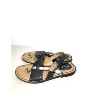 BOC Born Black Silver Leather Flip Flops Thong Strap Sandals Women Sz 8M US/39EU